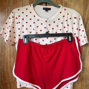 Topshop Heart Print Tee with Red Athletic Shorts Pajama Set